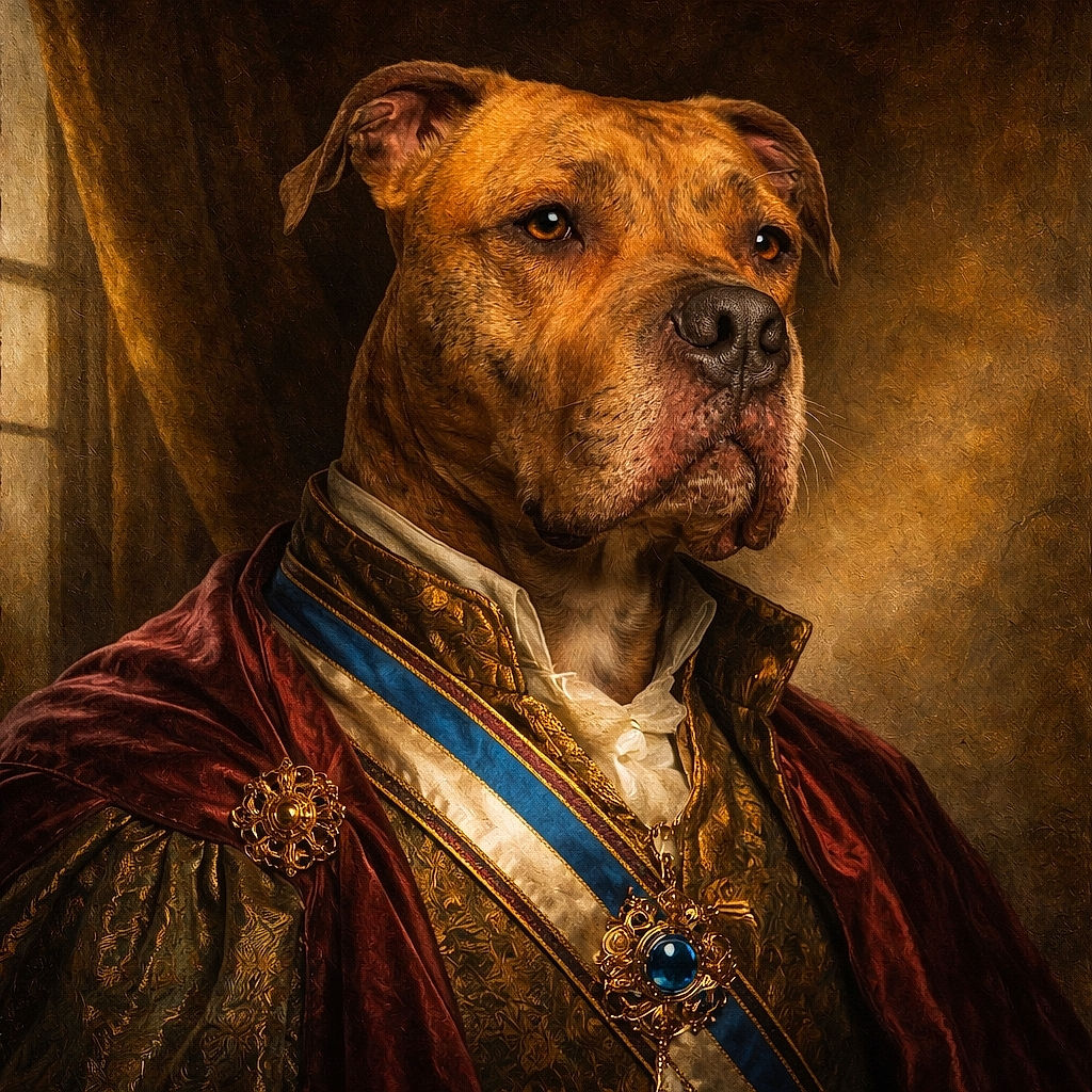 A dignified brindle dog soaks up golden-hour sun like it just remembered it’s the family model — noble squint, heroic nose, and an orange harness that screams ‘walk time’. A dramatic shadow stripe and a thumb-in-corner add accidental artistic flair.