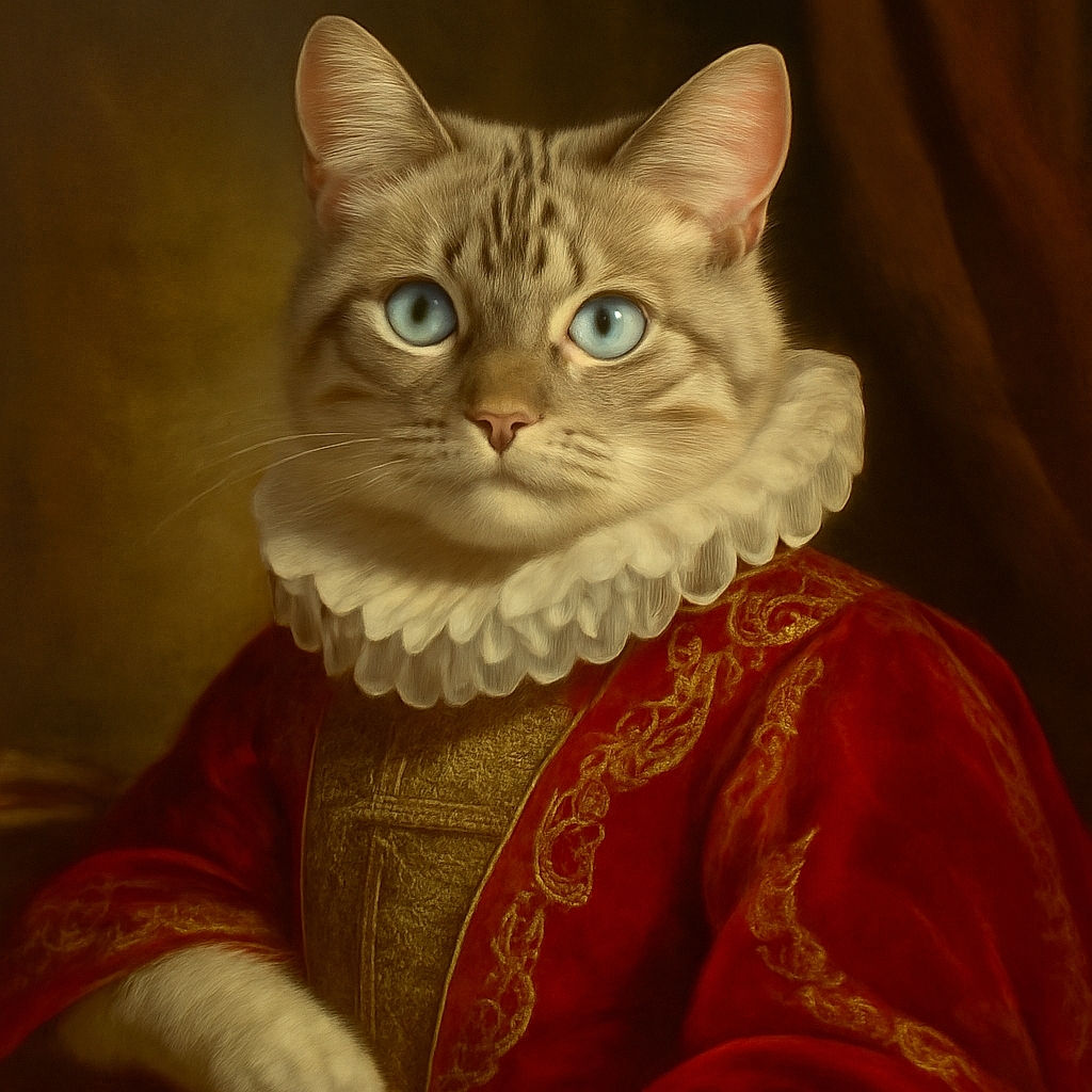 A fluffy cream-colored cat with striking blue eyes lounges elegantly on a patterned pink and red fabric, looking curiously at the camera with an air of regal relaxation.