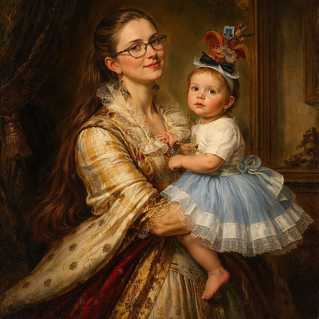 A tiny tutu-clad monarch (complete with bow) is being hoisted by a beaming woman beneath an arch of glossy balloons and a whimsical Wonderland backdrop — the baby inspects the camera like it's court evidence while the balloons quietly audition for lift-off.