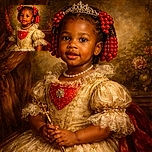 A charming young child dressed in an elaborate vintage-style gown with red bead decorations in her hair and a pearl necklace, smiling warmly against a textured, classic portrait backdrop. The photo has a painterly effect and includes a website watermark at the bottom.