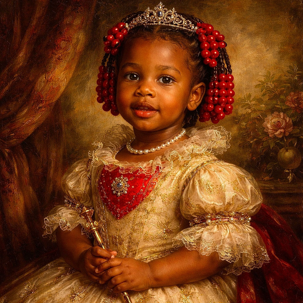 A charming young child dressed in an elaborate vintage-style gown with red bead decorations in her hair and a pearl necklace, smiling warmly against a textured, classic portrait backdrop. The photo has a painterly effect and includes a website watermark at the bottom.