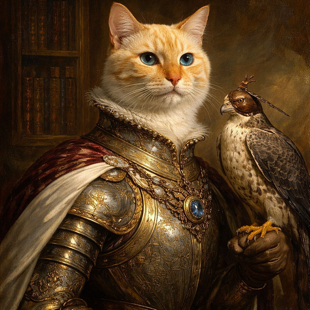 A dignified cream-and-orange cat perches like it owns the place among pink and purple candles and vases, staring into the camera with the calm authority of a tiny furry monarch while a smartphone UI frame hints this was snapped from a screenshot.