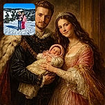 A cozy family moment captured in a snowy mountain landscape with bright blue skies. Two adults wearing matching brown beanies and winter jackets stand close together, holding a bundled-up baby dressed in a fuzzy outfit. The snow-covered ground and pine tree backdrop create a picturesque winter wonderland scene.