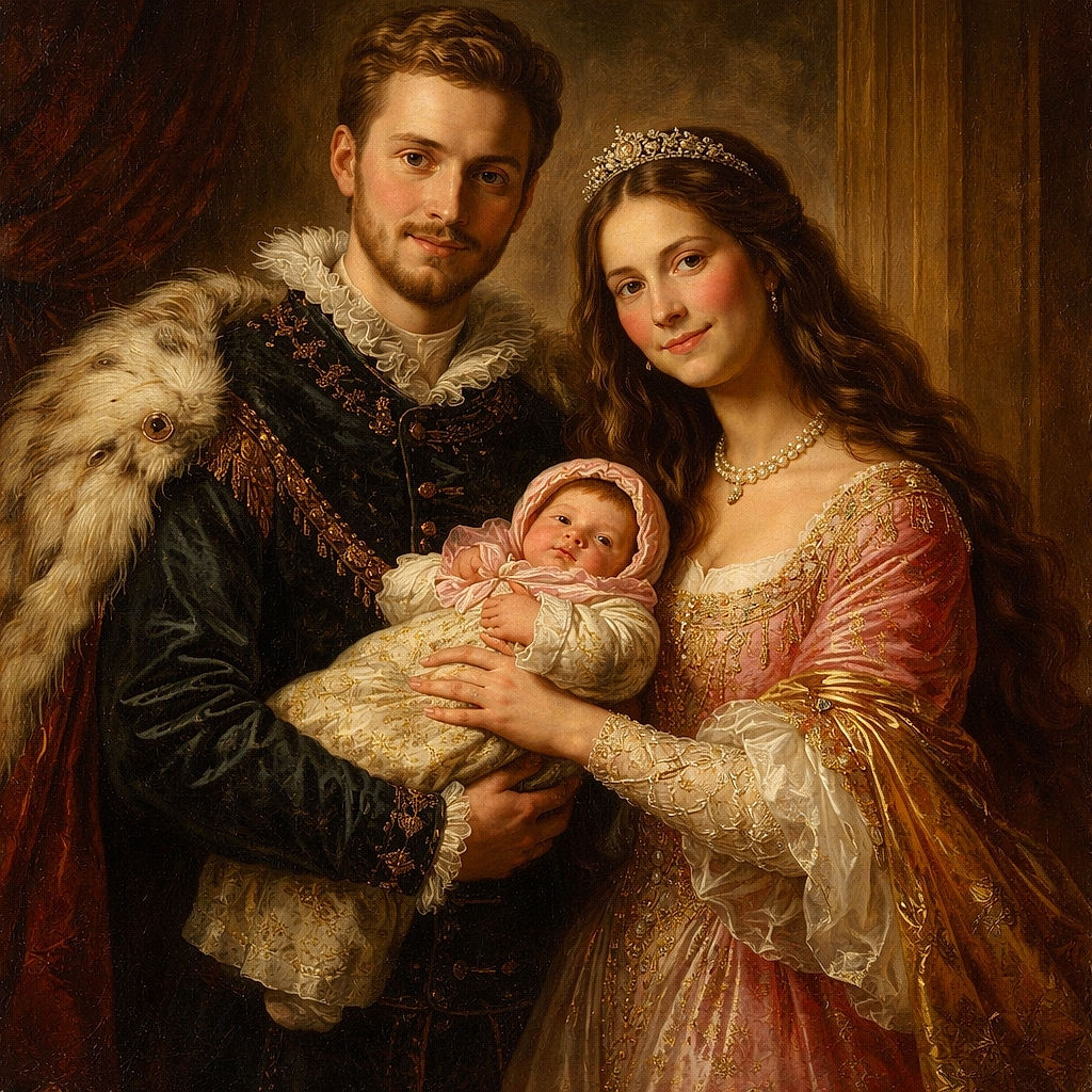 A cozy family moment captured in a snowy mountain landscape with bright blue skies. Two adults wearing matching brown beanies and winter jackets stand close together, holding a bundled-up baby dressed in a fuzzy outfit. The snow-covered ground and pine tree backdrop create a picturesque winter wonderland scene.