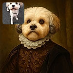 A fluffy cream-colored dog with a slightly blurred wagging tail looks up with big, curious eyes on a textured pavement background, capturing a moment of playful anticipation.