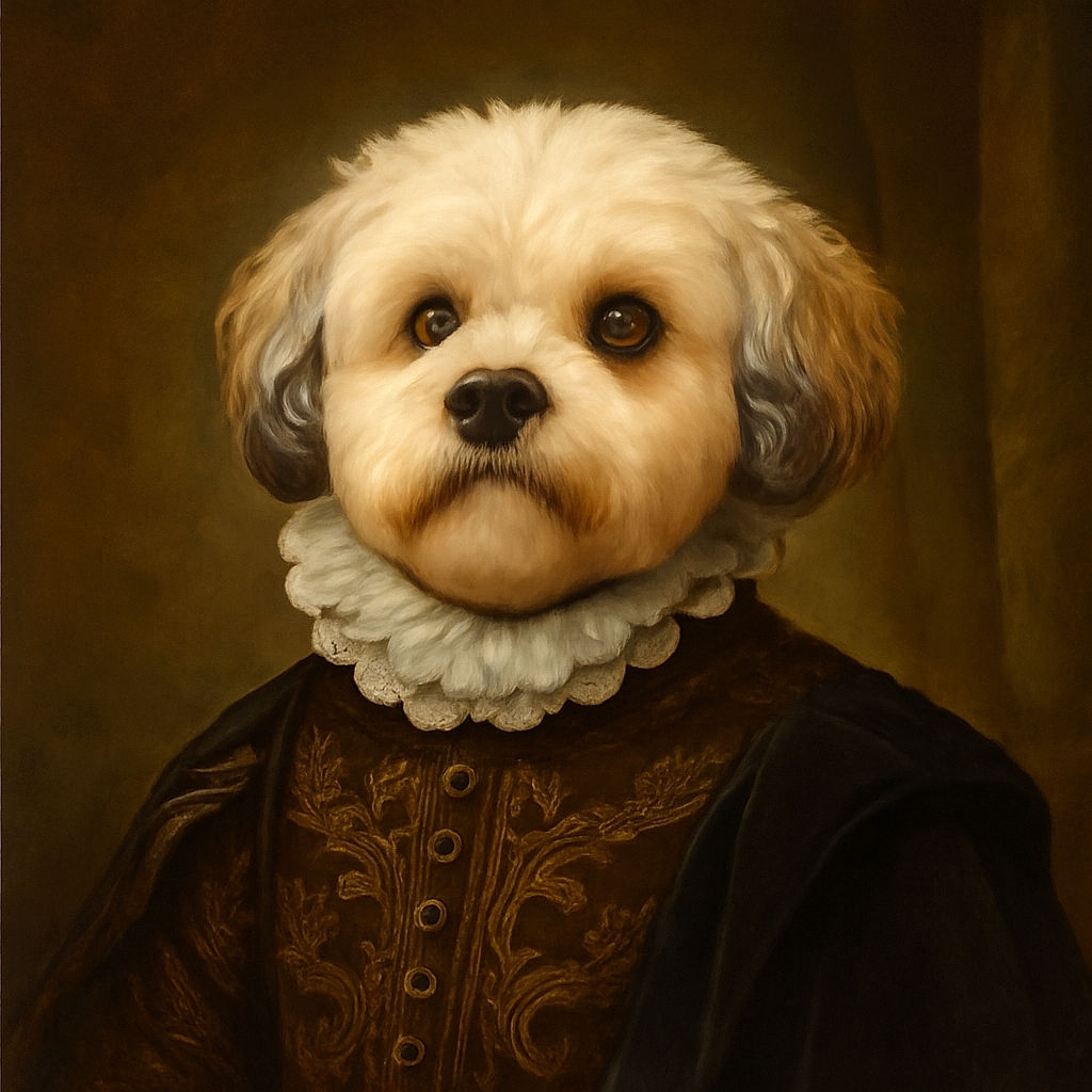 A fluffy cream-colored dog with a slightly blurred wagging tail looks up with big, curious eyes on a textured pavement background, capturing a moment of playful anticipation.