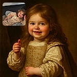 A happy little child with curly hair grins widely while holding a pink crayon, comfortably sitting on someone's lap dressed in light-colored casual clothes, against a simple indoor background.