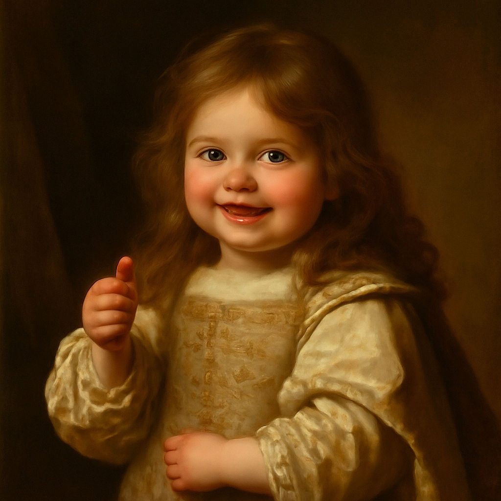 A happy little child with curly hair grins widely while holding a pink crayon, comfortably sitting on someone's lap dressed in light-colored casual clothes, against a simple indoor background.