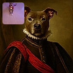 A calm dog with a red bandana lounges on a wooden floor under soft purple lighting, giving off chill vibes and a hint of mystery.