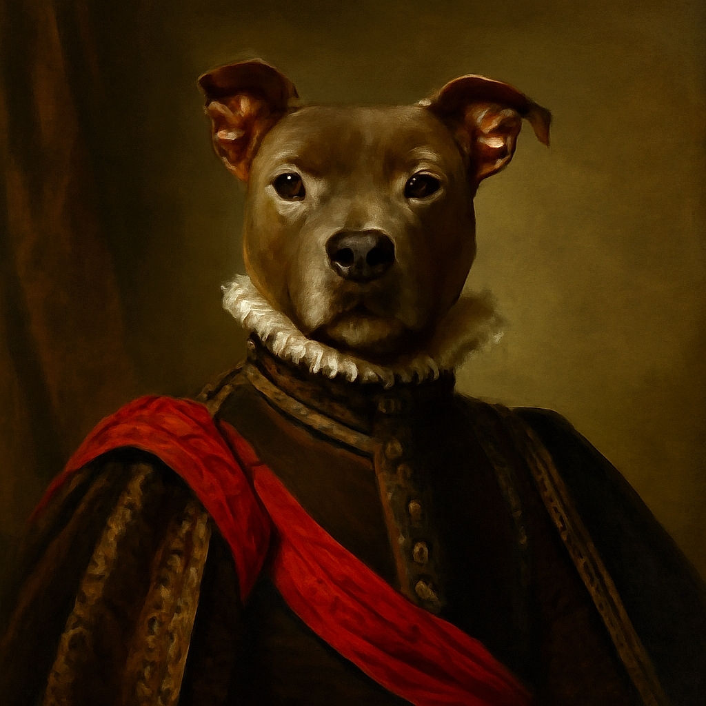 A calm dog with a red bandana lounges on a wooden floor under soft purple lighting, giving off chill vibes and a hint of mystery.