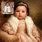 A fuzzy-scarved baby lounges like a tiny fashion influencer — bow in the hair, tongue peeking, and a bright teether staging a colorful cameo at the edge of the frame. Cozy, adorable, and full of snack-demand potential.