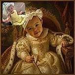A cheerful baby in a sunny yellow dress and enormous white bow lounges on a cozy couch, reaching toward the camera like a tiny celebrity waving from the VIP section.