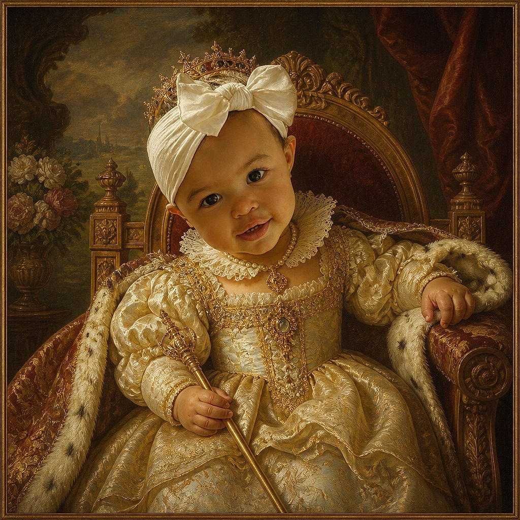 A cheerful baby in a sunny yellow dress and enormous white bow lounges on a cozy couch, reaching toward the camera like a tiny celebrity waving from the VIP section.