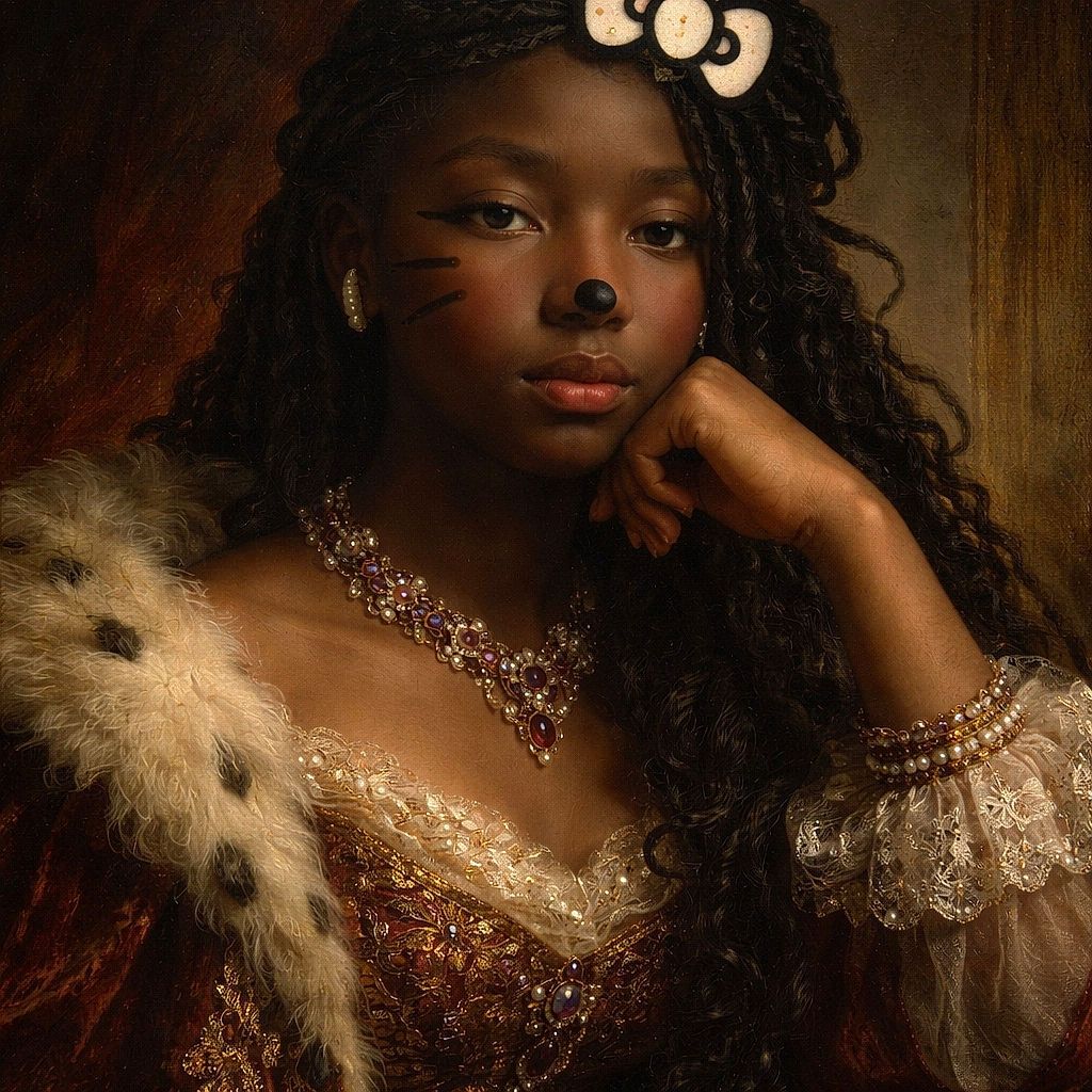 A close-up photo of a young person with face paint resembling a cat, featuring whiskers and a nose drawn on. The image is grainy and duplicated vertically, creating a slightly artistic but low-quality effect.