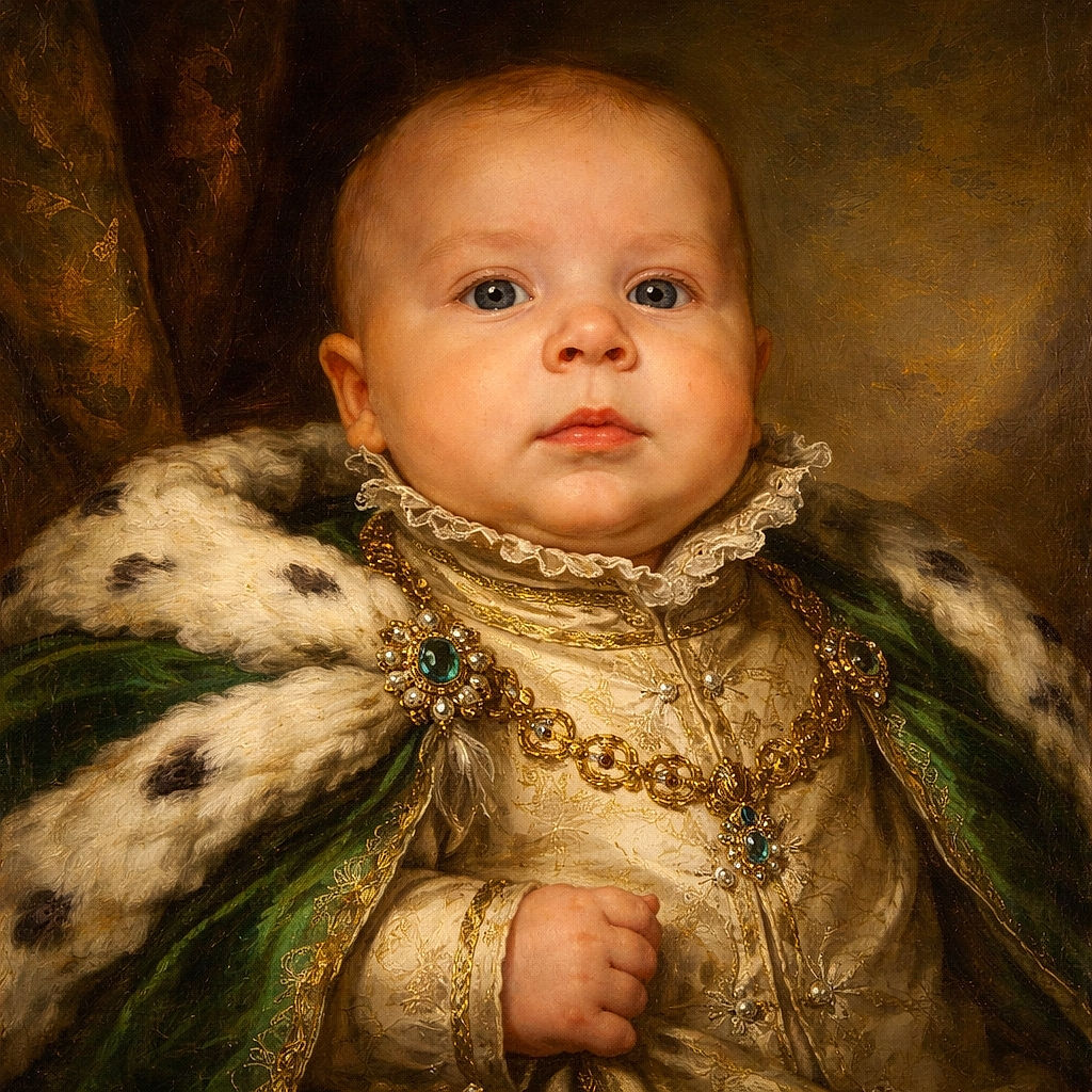 A chubby-cheeked baby stares off-camera while being cradled against a star-patterned blanket — tiny hand held by an adult, a pacifier clip clipped to the onesie, and an expression that reads ‘deep thoughts or nap time?’