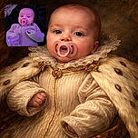 A purple-lit baby stares up like a tiny, sleepy astronaut with a pacifier that could double as a UFO—swaddled in a ribbed onesie and ready for interstellar nap time.