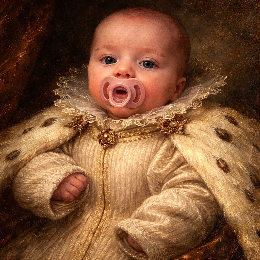 A purple-lit baby stares up like a tiny, sleepy astronaut with a pacifier that could double as a UFO—swaddled in a ribbed onesie and ready for interstellar nap time.