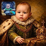 A curious baby in a striped green and gray shirt sits in a stroller outdoors, gripping the tray with colorful toys and a yellow cloth nearby, surrounded by a wooded background on a path.