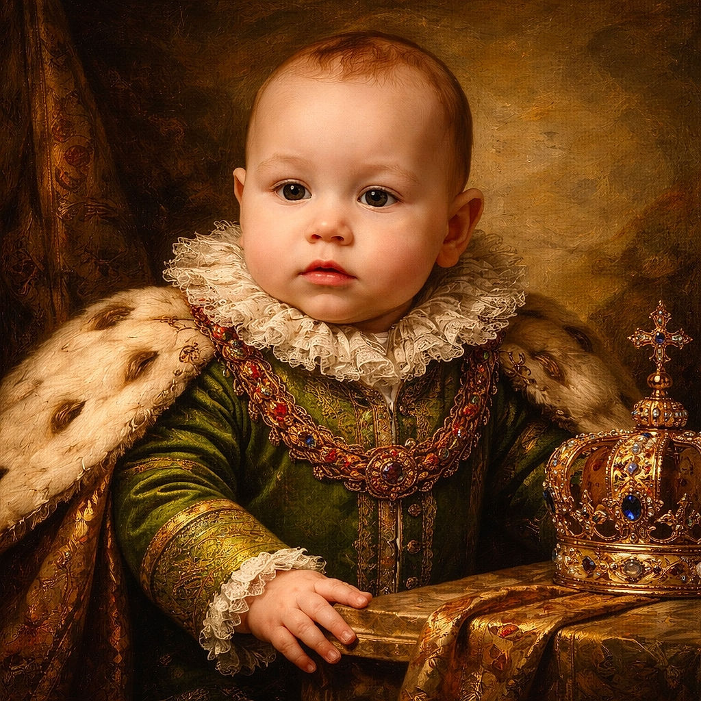 A curious baby in a striped green and gray shirt sits in a stroller outdoors, gripping the tray with colorful toys and a yellow cloth nearby, surrounded by a wooded background on a path.