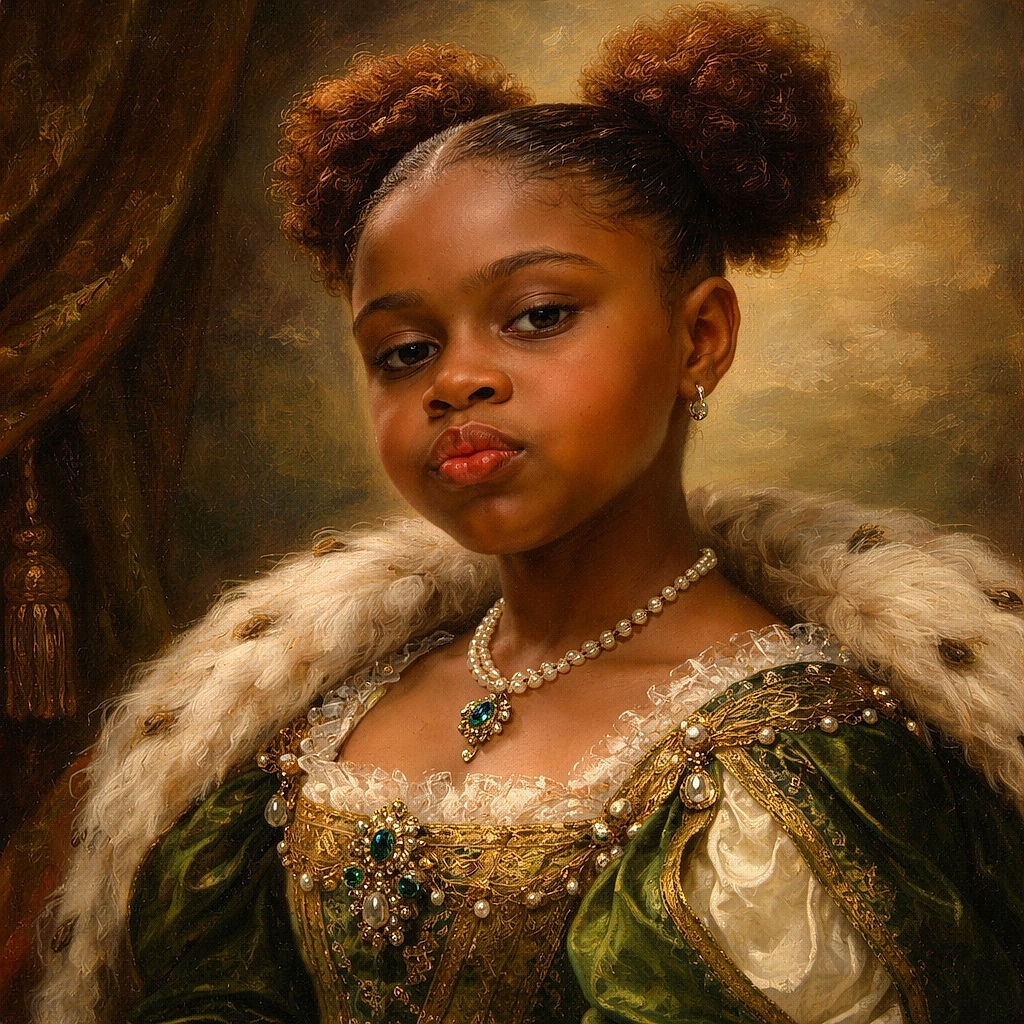 A close-up selfie of a young girl with curly puffs, making a playful pouty face outdoors in front of a brick building and green grass, wearing a bright green shirt.