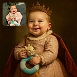 A joyful baby with bright blue eyes and a tuft of hair styled like a tiny mohawk smiles widely while clutching a colorful giraffe toy, sitting comfortably on a textured green couch with lush green leaves in the background.