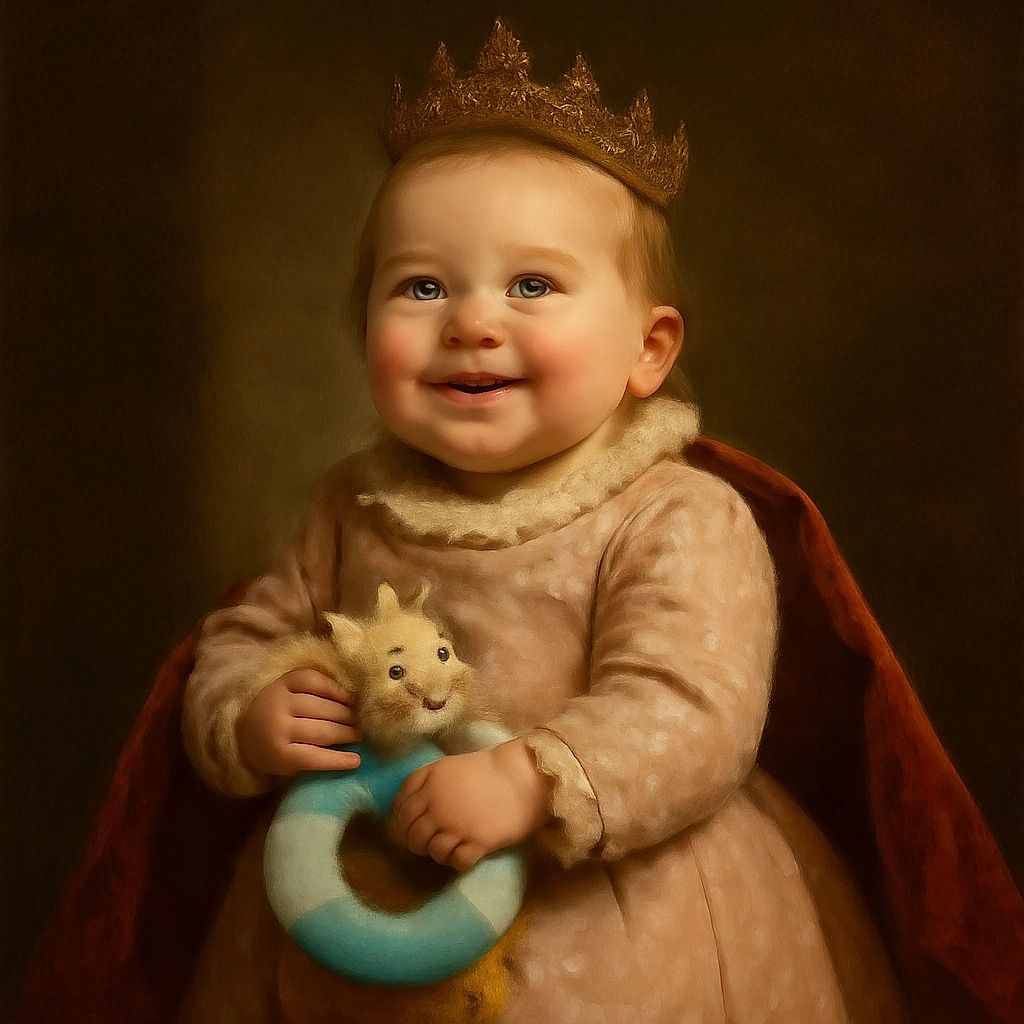 A joyful baby with bright blue eyes and a tuft of hair styled like a tiny mohawk smiles widely while clutching a colorful giraffe toy, sitting comfortably on a textured green couch with lush green leaves in the background.