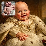 A chubby, smiling baby is comfortably nestled in a cushioned seat, wrapped partially in a soft white blanket, with bright eyes and a joyful expression that could melt any heart.
