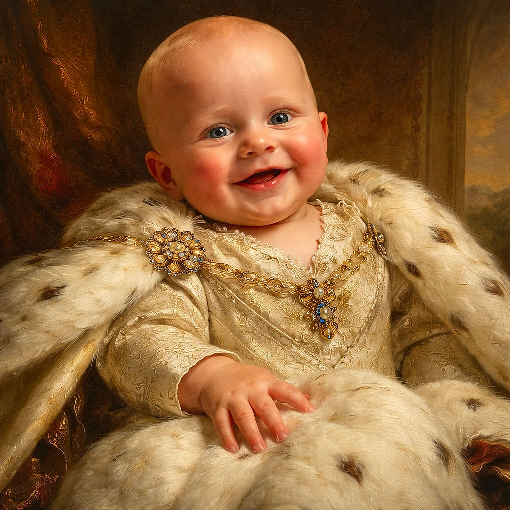 A chubby, smiling baby is comfortably nestled in a cushioned seat, wrapped partially in a soft white blanket, with bright eyes and a joyful expression that could melt any heart.