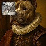 A close-up portrait of a dog with soulful eyes gazing upward, showcasing detailed textures of its fur and nose, with a softly blurred background that highlights the dog's expressive face.
