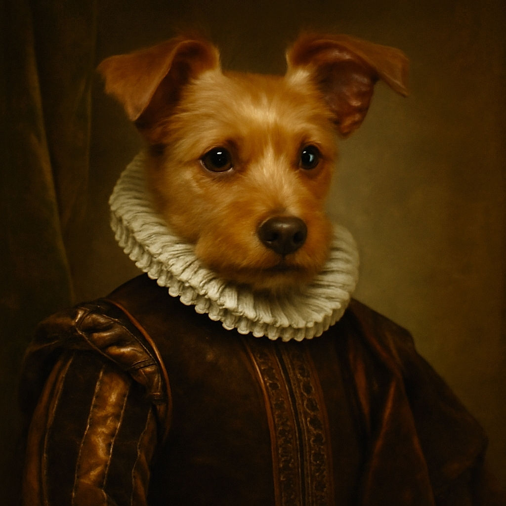 A curious small dog perched on a cozy fuzzy blanket, glancing off to the side with big dark eyes, while a person wearing glasses peeks into the frame from the bottom right corner. The background shows a warm room with wooden beams, a pool table, and framed artwork, creating a homely vibe.