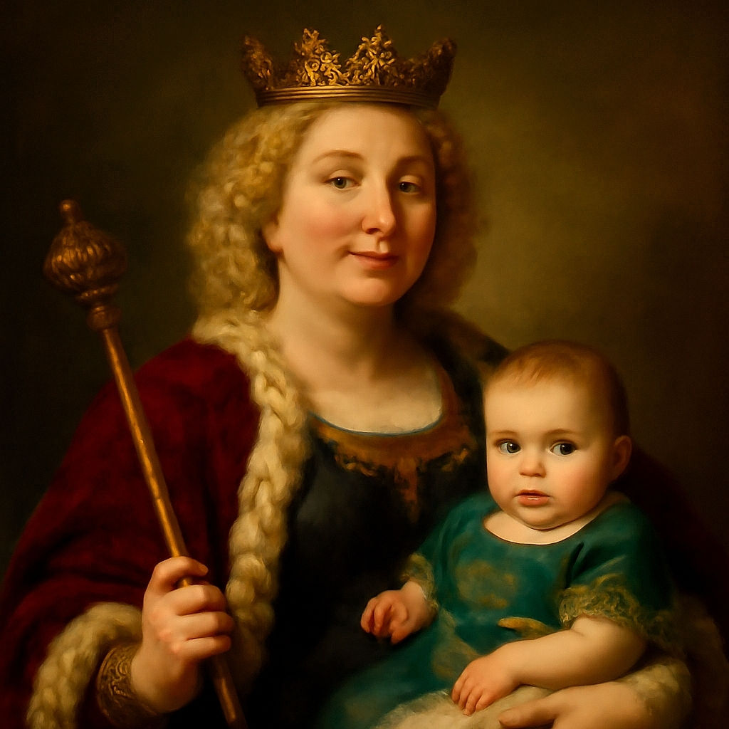 A cozy selfie moment featuring a smiling woman with curly blonde hair wearing a cute teddy bear shirt, holding a wide-eyed baby swaddled in a blanket with an adorable ice cream-themed outfit and a pacifier. The warm lighting and soft background add to the tender and heartwarming vibe.