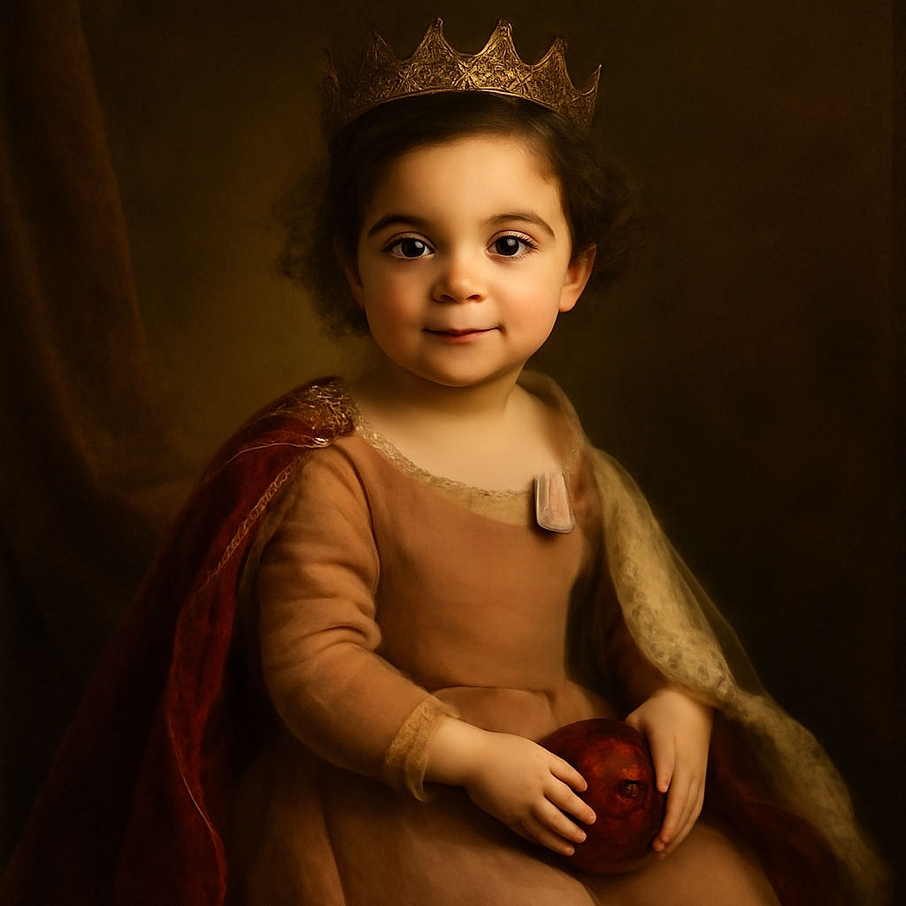 A cute toddler sitting on a couch, holding a strawberry-flavored container with a curious and slightly mischievous expression, dressed in a brown tank top and black pants, with a cozy blanket beside them.