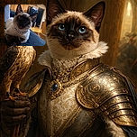 A stylish Siamese cat lounges on a blue couch, wearing a shiny, diamond-studded chain necklace, looking curiously at the camera with a cozy kitchen background softly lit by natural light.