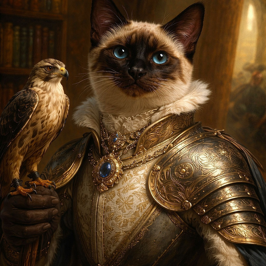 A stylish Siamese cat lounges on a blue couch, wearing a shiny, diamond-studded chain necklace, looking curiously at the camera with a cozy kitchen background softly lit by natural light.