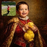 A cheerful toddler in a bright red sweater is clutching a fluffy yellow stuffed toy, standing on a sunny patch of grass near a playground with slides and a fence, squinting happily in the sunlight.