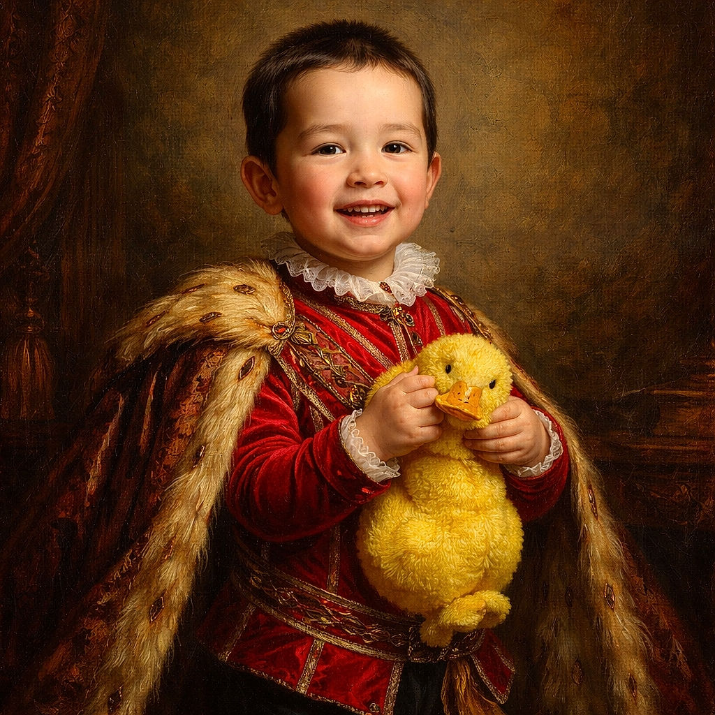 A cheerful toddler in a bright red sweater is clutching a fluffy yellow stuffed toy, standing on a sunny patch of grass near a playground with slides and a fence, squinting happily in the sunlight.
