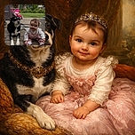 A charming baby in pink and white is happily sitting on a wooden deck next to a relaxed black and white dog, with a bright pink tricycle and lush greenery in the background, creating a cozy outdoor scene.