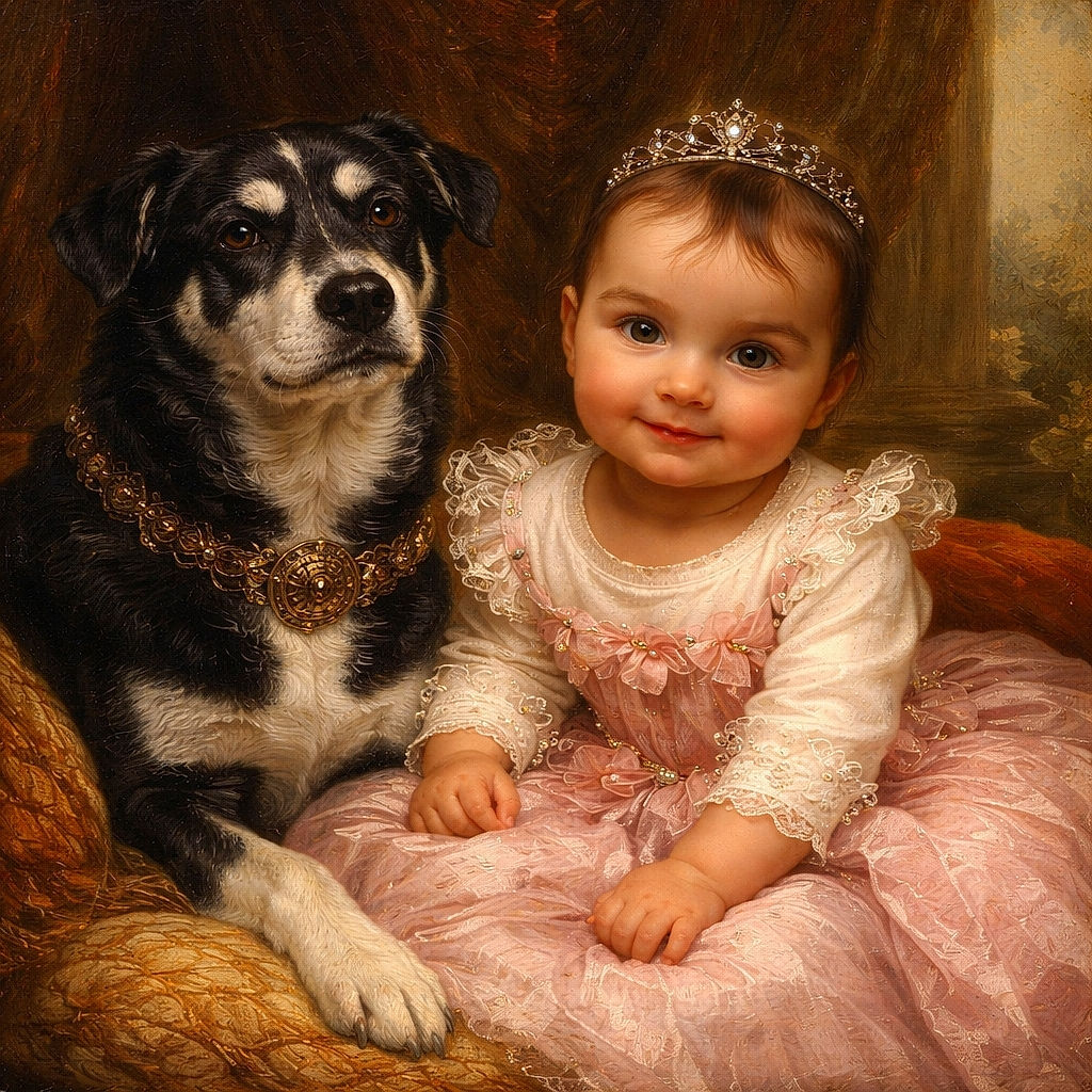 A charming baby in pink and white is happily sitting on a wooden deck next to a relaxed black and white dog, with a bright pink tricycle and lush greenery in the background, creating a cozy outdoor scene.