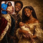 A happy couple proudly holding their adorable baby, all smiles and warm vibes, looking like the perfect family portrait with cozy, soft lighting and a neutral backdrop.