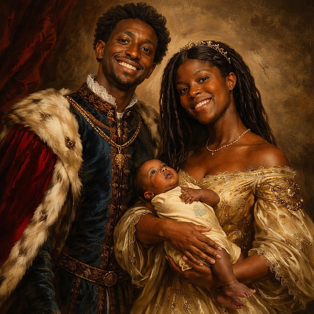A happy couple proudly holding their adorable baby, all smiles and warm vibes, looking like the perfect family portrait with cozy, soft lighting and a neutral backdrop.