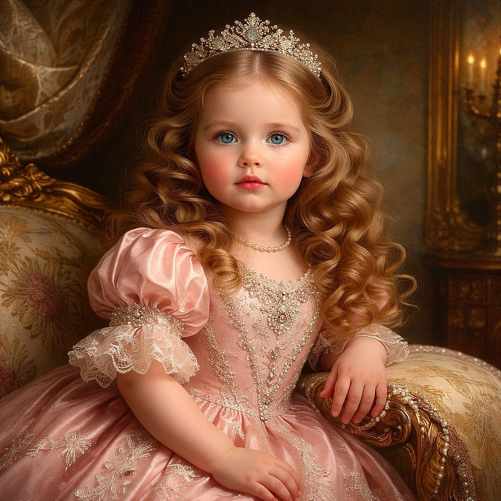 A regal little princess with sparkling blue eyes and perfect curls lounges elegantly on a luxurious, gold-accented bed, dressed in a delicate pink gown with intricate lace, looking like she just stepped out of a fairy tale.