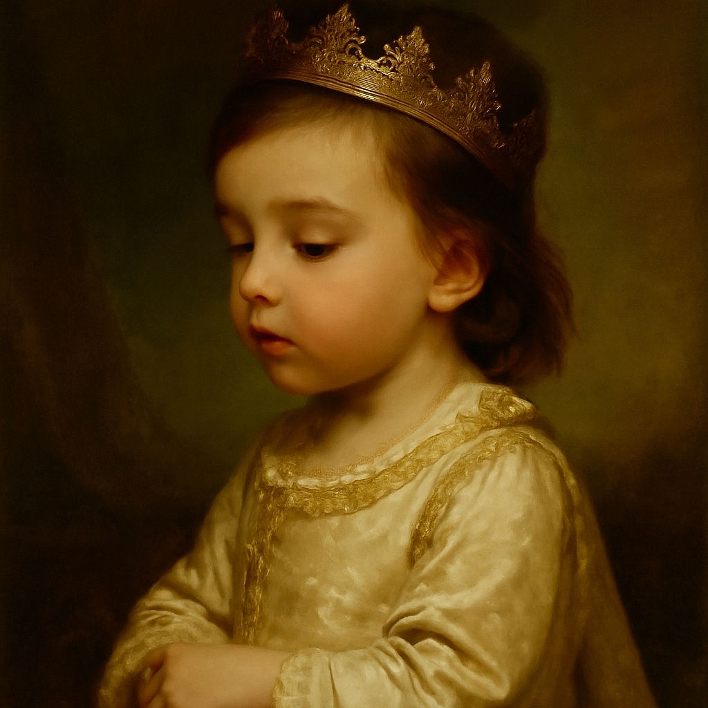 A close-up side profile of a toddler with tousled hair lying on a soft patterned blanket, looking down with a calm and thoughtful expression, bathed in natural light.
