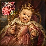 A cheerful baby in a heart-covered pink outfit beams at the camera like a tiny fashion icon, complete with an enormous bow and a play gym full of colorful distractions.