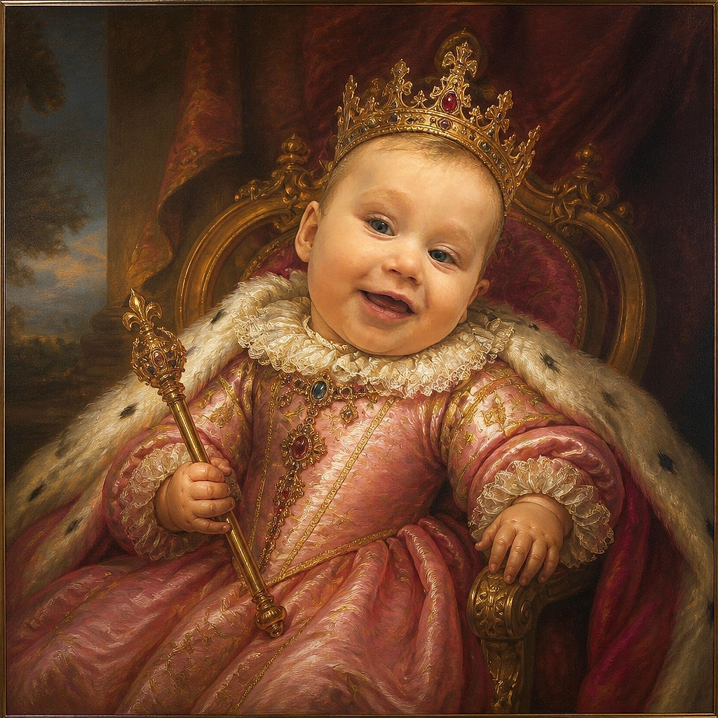A cheerful baby in a heart-covered pink outfit beams at the camera like a tiny fashion icon, complete with an enormous bow and a play gym full of colorful distractions.