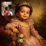 A curious toddler in a pink polka-dot outfit sits in a walker, puckering up as if about to give a kiss, surrounded by a cozy kitchen scene with some clutter and a broom in the background.
