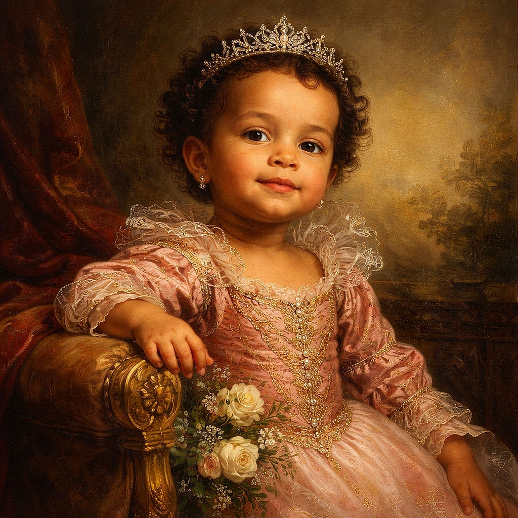 A curious toddler in a pink polka-dot outfit sits in a walker, puckering up as if about to give a kiss, surrounded by a cozy kitchen scene with some clutter and a broom in the background.