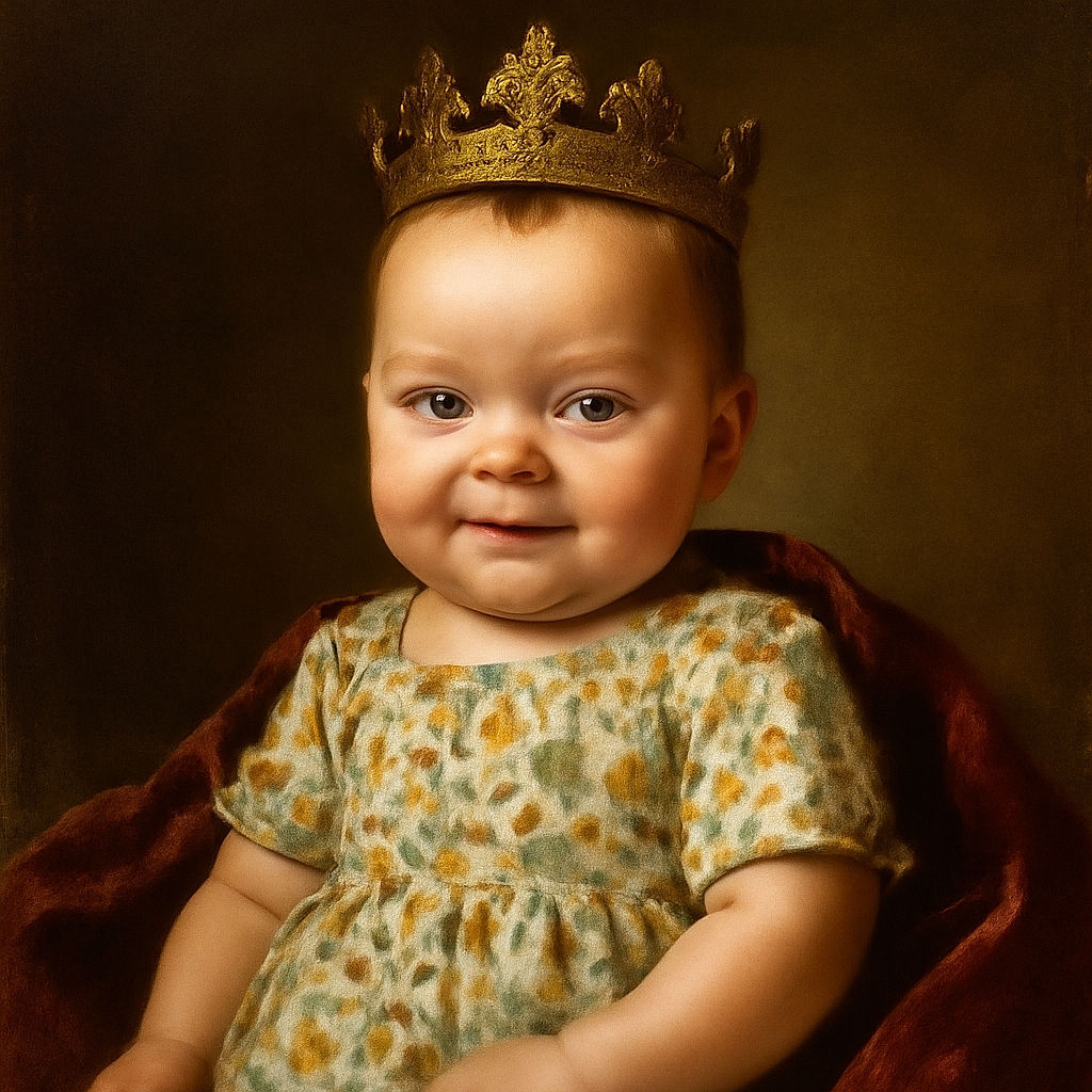 A happy baby lying on a patterned blanket, wearing a floral dress with arms raised in a joyful motion. The photo has a cozy, warm vibe with soft lighting and a slightly blurred background.