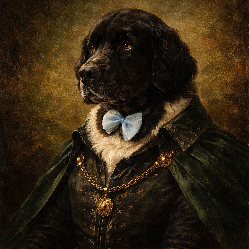 A fluffy black and white dog wearing a charming blue bow tie sits indoors looking thoughtfully to the side, surrounded by cozy home decor including a wooden table, a TV, and a shelf with various knick-knacks.