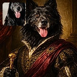 A majestic black dog with a fluffy coat and tongue out, looking happy and playful indoors with soft natural lighting highlighting its shiny fur.