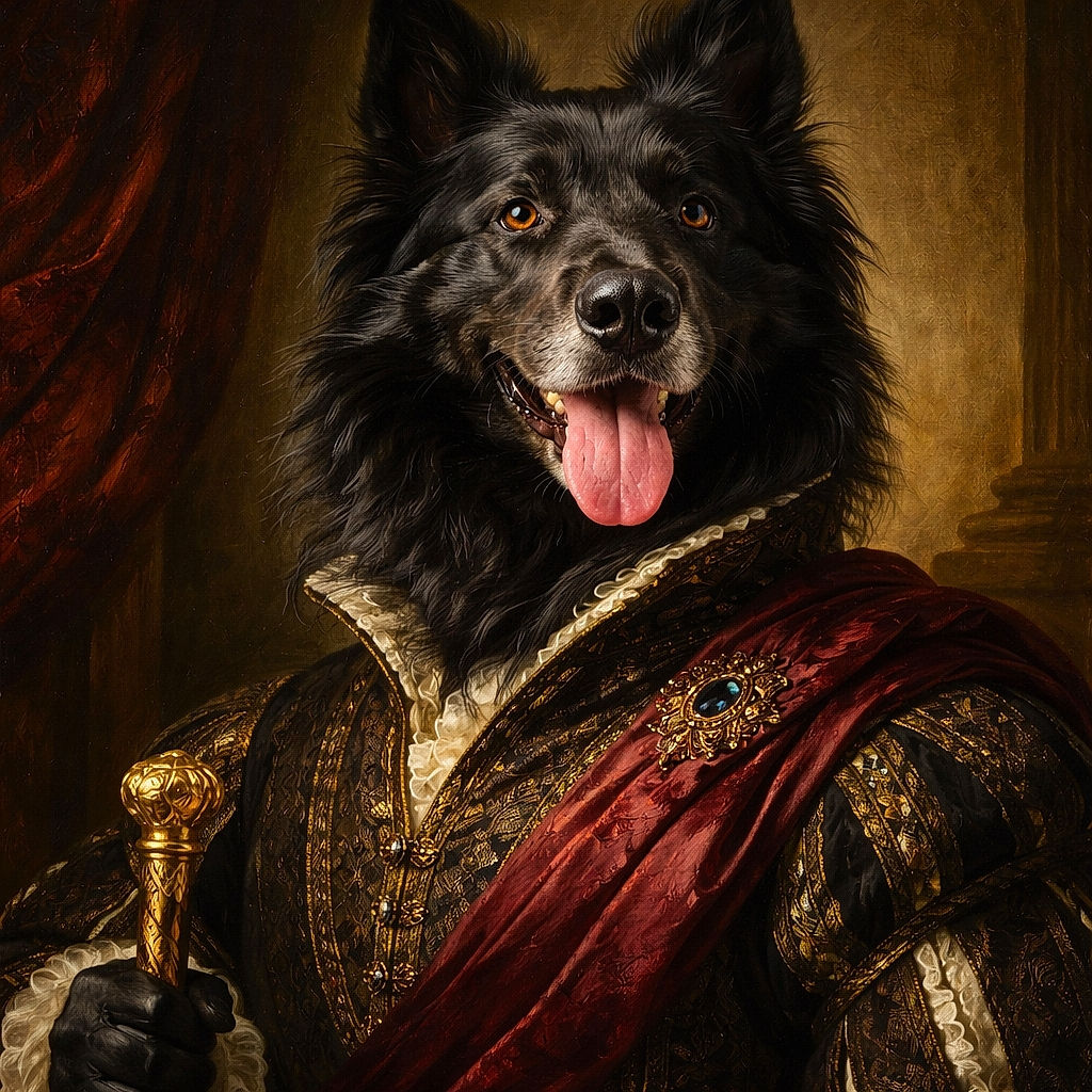 A majestic black dog with a fluffy coat and tongue out, looking happy and playful indoors with soft natural lighting highlighting its shiny fur.